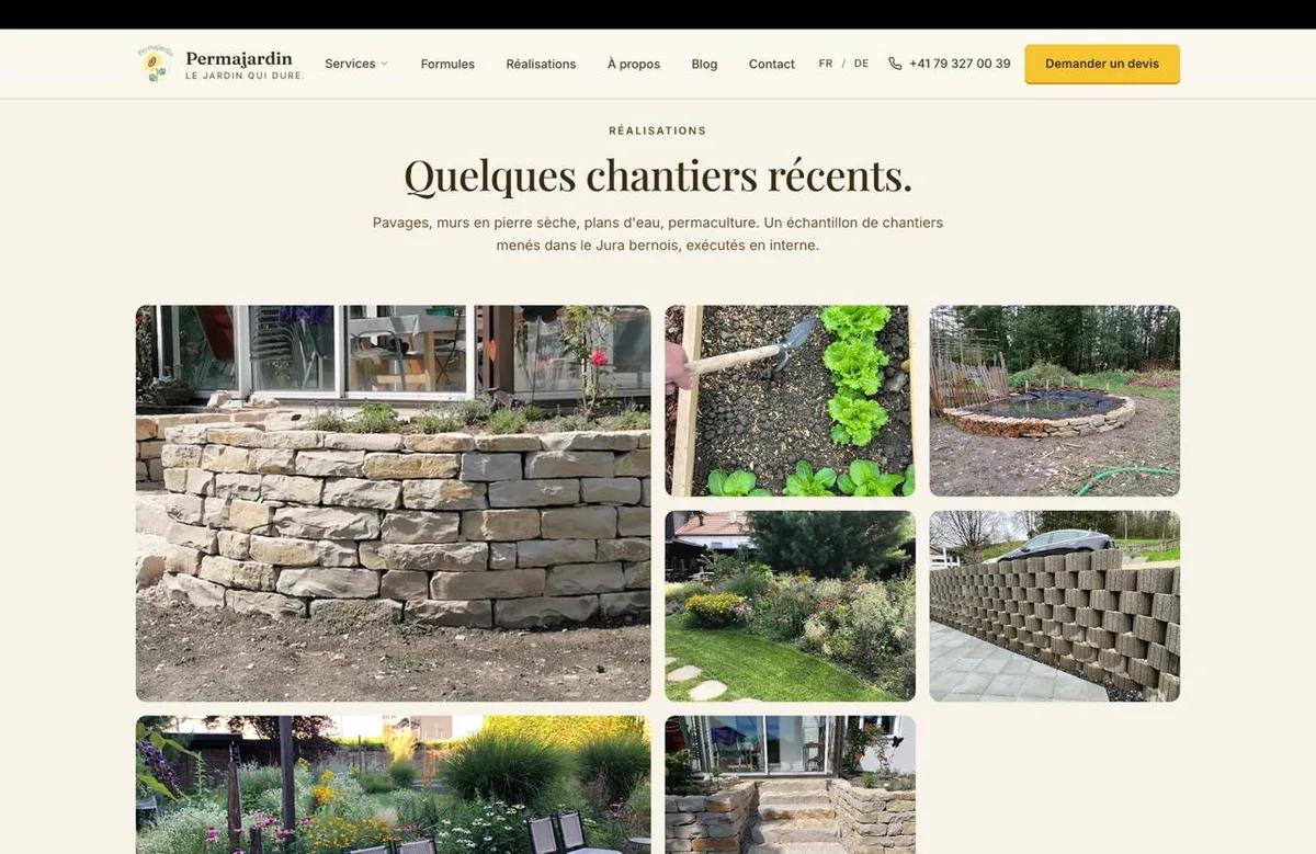Site Permajardin, paysagiste Loveresse, site Next.js bilingue FR/DE